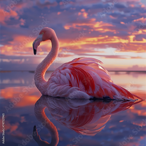 Un flamant rose se repose sur un lac calme, son reflet se mêlant aux couleurs chaudes du ciel au coucher du soleil