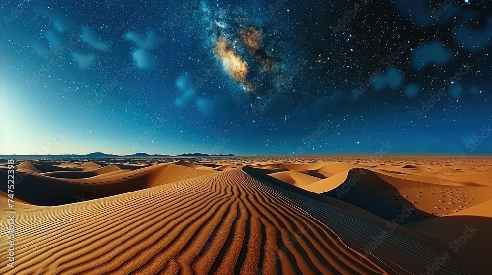 An empty dune desert under a bright starry sky. Generative AI. - obrazy, fototapety, plakaty 