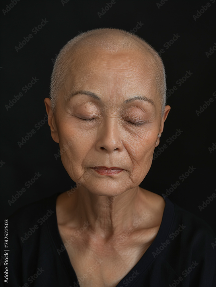 Retrato de Mujer Calva en Blanco y Negro, con ojos cerrados y expresión serena - obrazy, fototapety, plakaty 