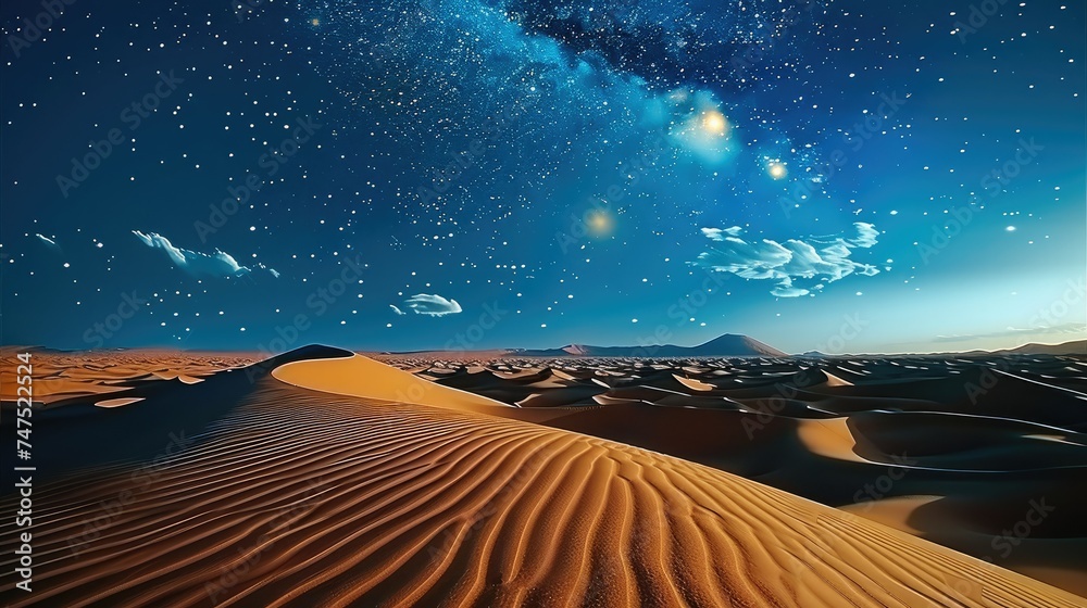 Naklejka premium An empty dune desert under a bright starry sky. Generative AI.