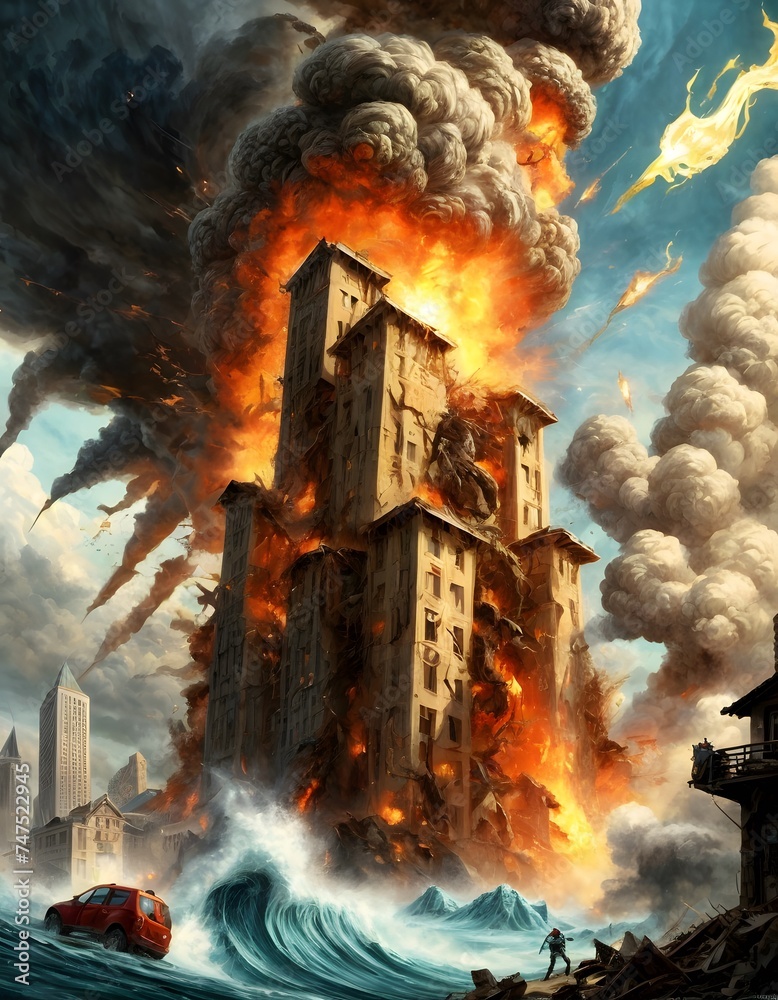 Flames voraciously consume a towering edifice amidst a city on the brink, with tidal waves and lightning adding to the spectacle of devastation. The surreal scene depicts the struggle between urban