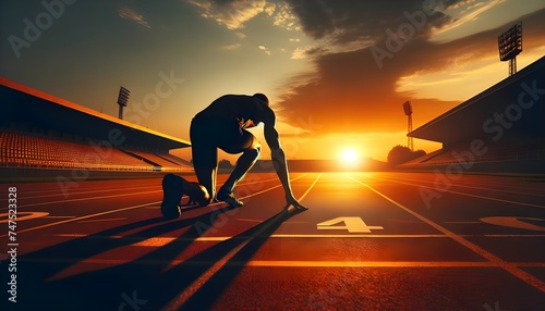 The image captures a silhouette of a sprinter in the starting blocks at a track and field stadium, poised to start the race with the dramatic backdrop of a setting sun.

