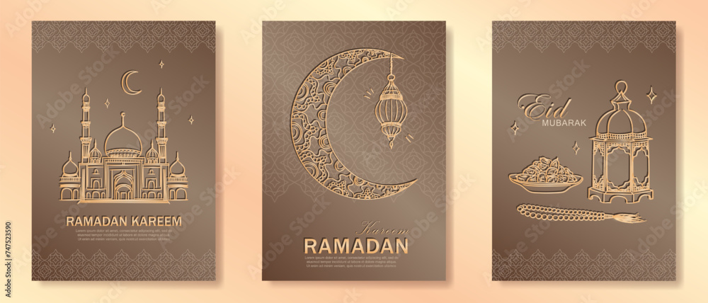 Fototapeta premium Set of beige Ramadan Kareem greeting cards with hand drawn linear golden Mosque, crescent moon, Arabic lantern, dates, Muslim rosary praying beads. Template of Eid Mubarak outline vertical banners