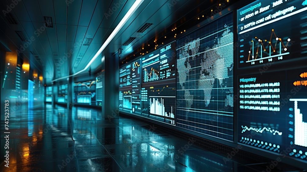 Graphs on large wall screens showing falling trend, illustration of global recession. Generative AI. Graphs on large wall screens showing falling trend, illustration of global recession. Generative AI.