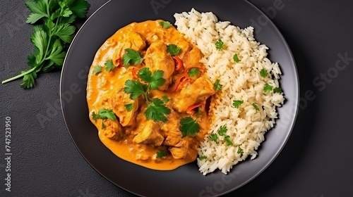 Rice with chicken in curry sauce and herbs on a plate with a horizontal top view. photo