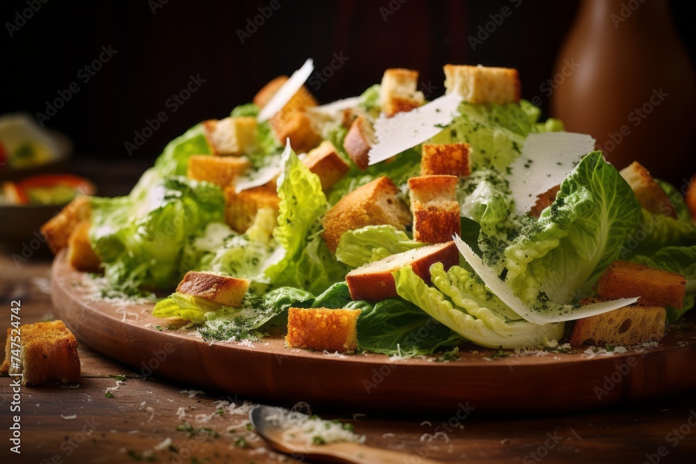 Macro detail close-up photography of a juicy caesar salad on a marble slab against a pastel painted wood background. AI Generation