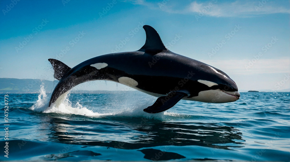 Fototapeta premium Orca wales jumping out of sea surface. World Oceans Day Save Environment Concept