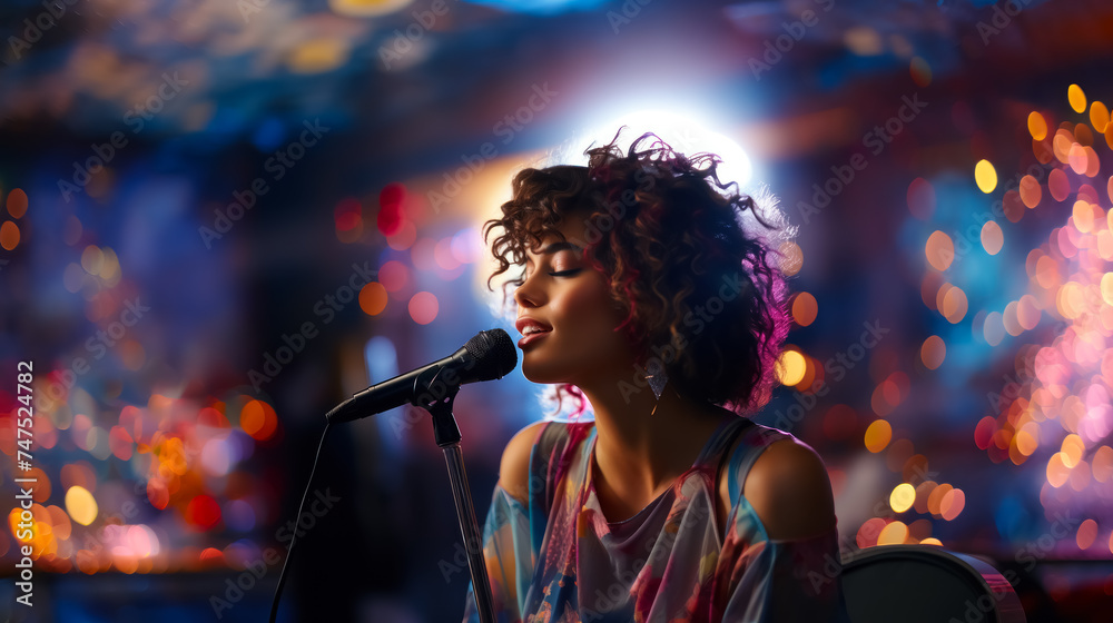 beautiful brunette woman singing with a microphone