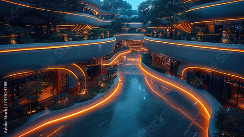 Circular walkway above the building, amusement nature, separate walkway, curved, golden with light strips. Generative AI.