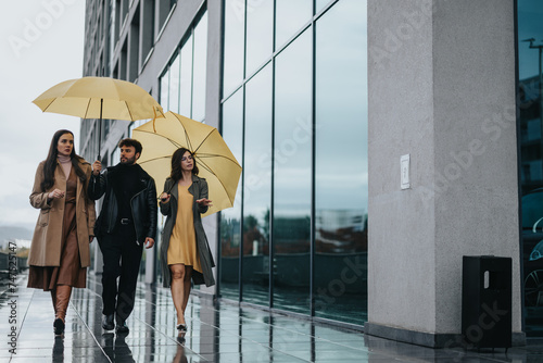 A trio of individuals strolls near a glass building, protecting themselves from the rain with vibrant yellow umbrellas. A reflection of urban life.