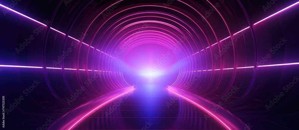 An abstract modern tunnel illuminated by neon lights creating a futuristic ambiance. The round tube structure is highlighted by volume light, giving a vibrant and dynamic feel to the space. An abstract modern tunnel illuminated by neon lights creating a futuristic ambiance. The round tube structure is highlighted by volume light, giving a vibrant and dynamic feel to the space.