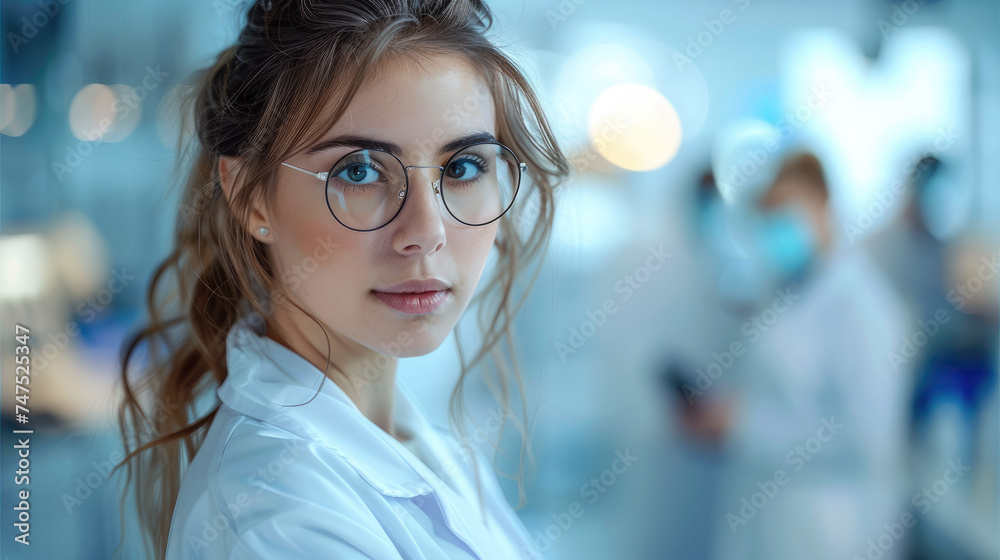 Beautiful woman scientist wearing white coat and glasses in modern Medical Science Laboratory. Generative AI. Beautiful woman scientist wearing white coat and glasses in modern Medical Science Laboratory. Generative AI.
