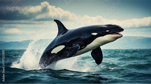 Orca wales jumping out of sea surface. World Oceans Day Save Environment Concept © Oldboy