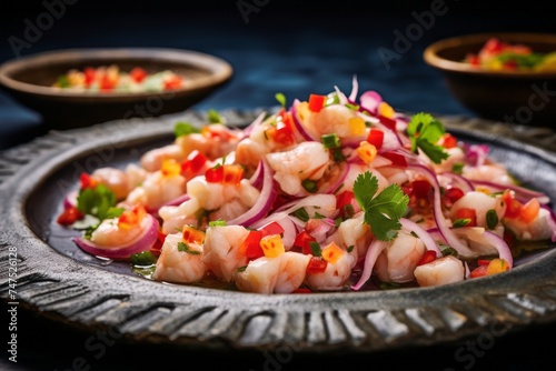 Close-up view photography of a juicy ceviche on a slate plate against a natural linen fabric background. AI Generation