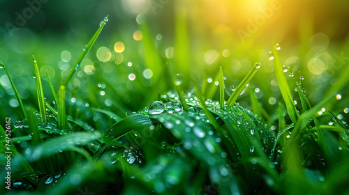 Juicy lush green grass on meadow with drops of water dew in morning light in spring summer outdoors close-up macro
