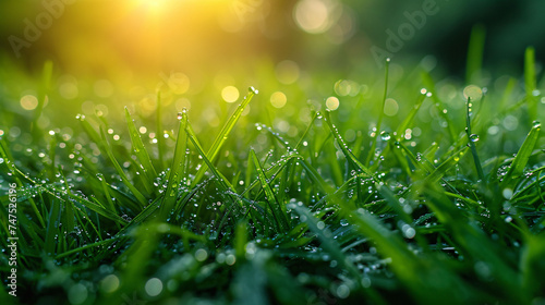 Juicy lush green grass on meadow with drops of water dew in morning light in spring summer outdoors close-up macro