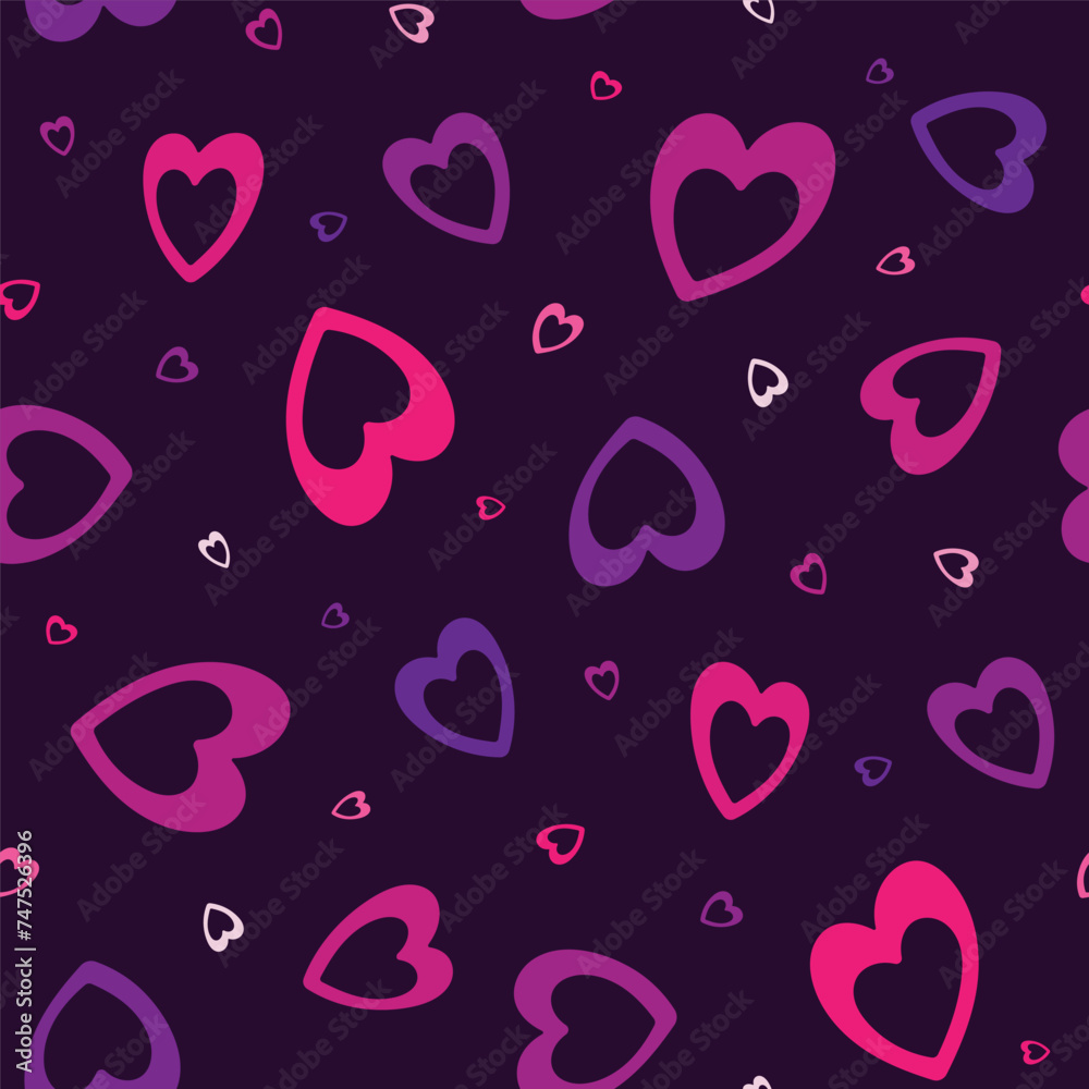 Small different multi-colored hearts isolated on a dark purple background. Cute seamless pattern. Vector simple flat graphic hand drawn illustration. Texture. Small different multi-colored hearts isolated on a dark purple background. Cute seamless pattern. Vector simple flat graphic hand drawn illustration. Texture.