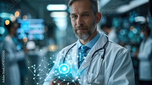 Digital healthcare and network connection on hologram virtual interface. Doctor hold health icon. electronic medical record on digital interface. digital healthcare and network. Generative AI. photo