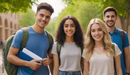 Group of University  students  walking together on campus
