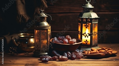 Still life with vintage orintal lantern, raisins and dates on wooden background. Retro style toned picture