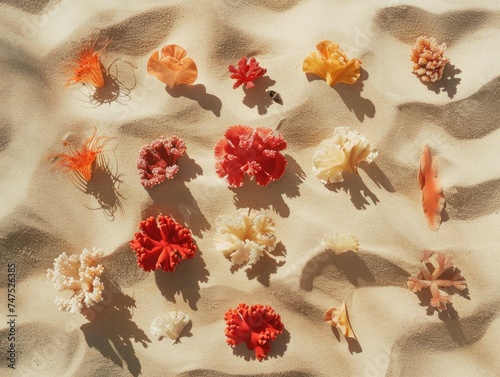 Red coral on white sand with light shining on it