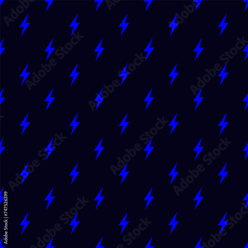 Small blue lightning signs isolated on a dark background. Monochrome seamless pattern. Vector simple flat graphic illustration. Texture.