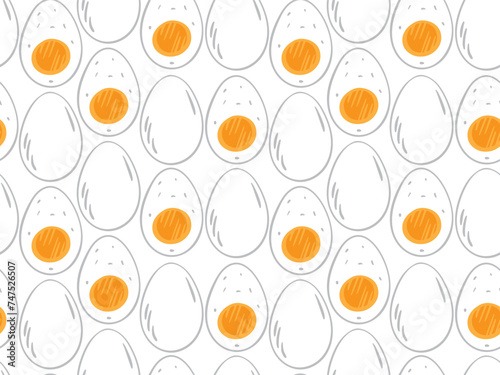 Boiled eggs seamless pattern. Whole and half eggs texture, top view background for poster, cafe menu, flyer, cookbook, banner, card, wrapping paper, package design.