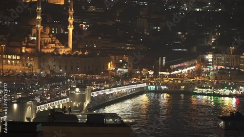 Istanbul Cityscape With New Mosque At Night Time. Yeni Cami photo