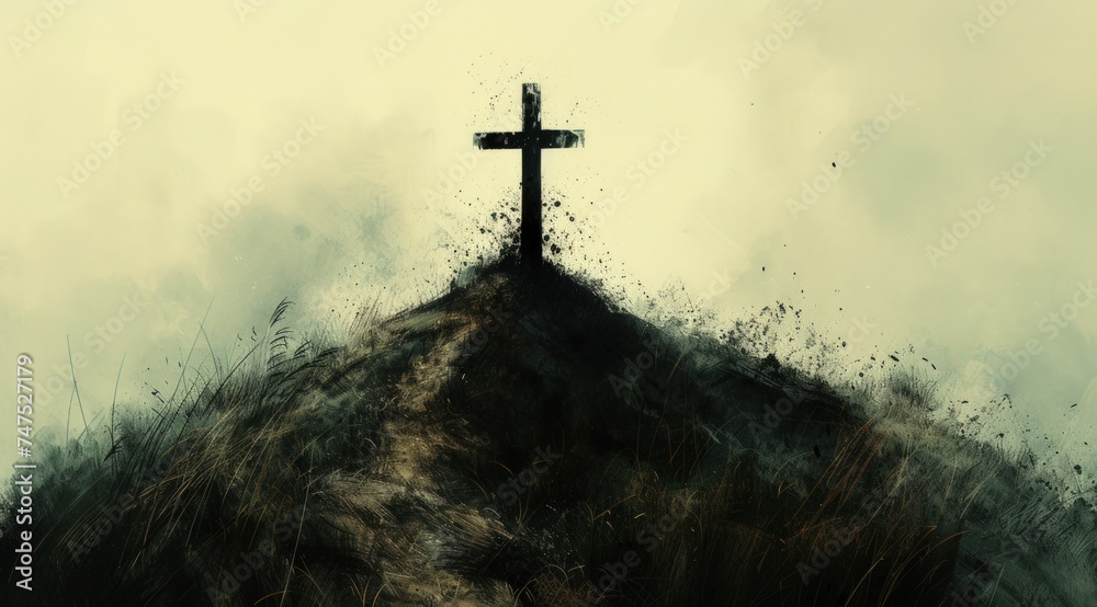 a black cross on top of a hill - obrazy, fototapety, plakaty 