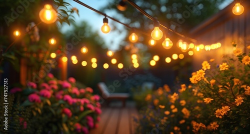 a backyard with string lights is lit up at night