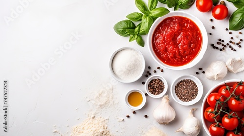 The ingredients for homemade pizza on white wooden background