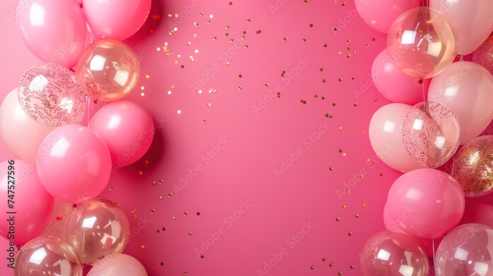 Beautiful festive minimalistic pink background with gold and clear balloons on the sides