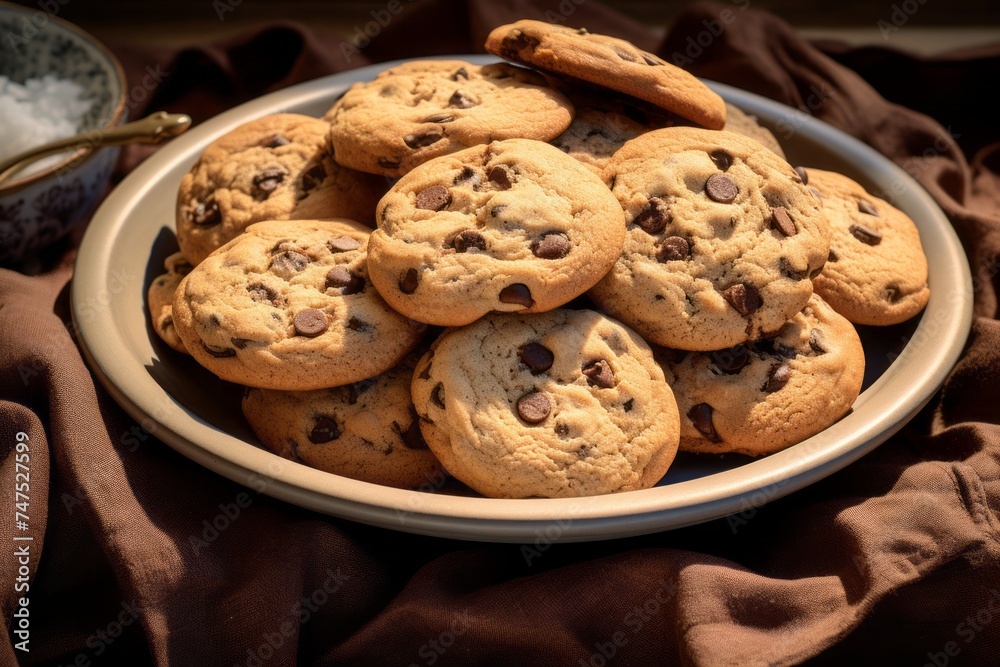 Detailed close-up photography of a tempting chocolate chip cookies on a porcelain platter against a natural linen fabric background. AI Generation