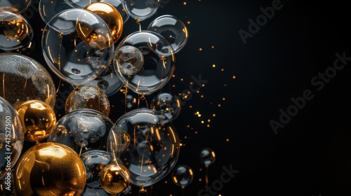 Beautiful festive minimalistic black background with gold and clear balloons ...