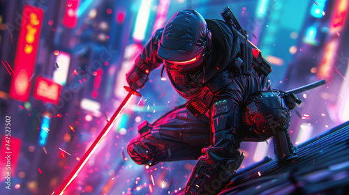 A cyber ninja in a futuristic cityscape neon digital lines tracing the edges of his sleek armor poised on a rooftop with a glowing katana ready to leap into the night