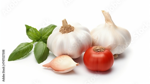 Tomato, garlic and basil isolated on white background, top view