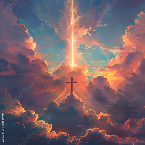 Divine Light and Colors: Photorealistic Crosses Amidst Clouds in Vibrant Pastoral Scenes photo