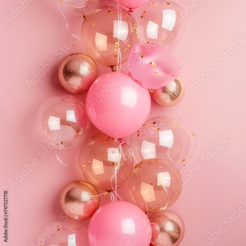 Beautiful festive minimalistic pink background with gold and clear balloons o...