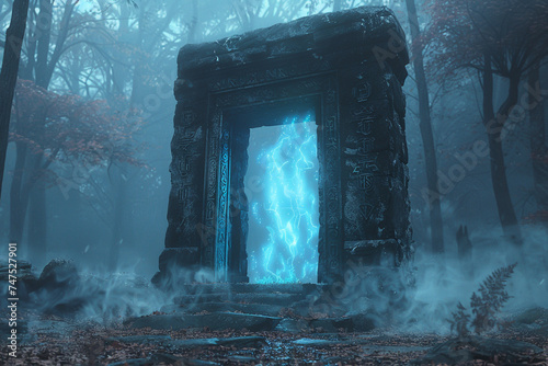 An ancient stone portal runes etched along its frame glowing with a pulsating blue energy in the heart of an enchanted forest mist swirling around