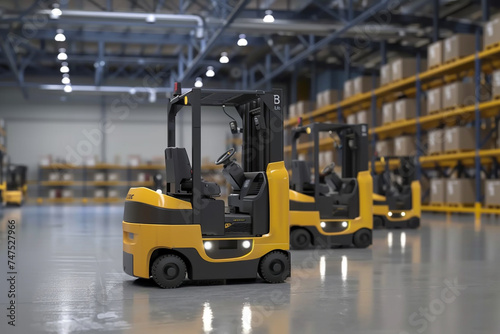 Autonomous forklifts navigating through a high tech warehouse with smart mobility technology optimizing logistics and storage