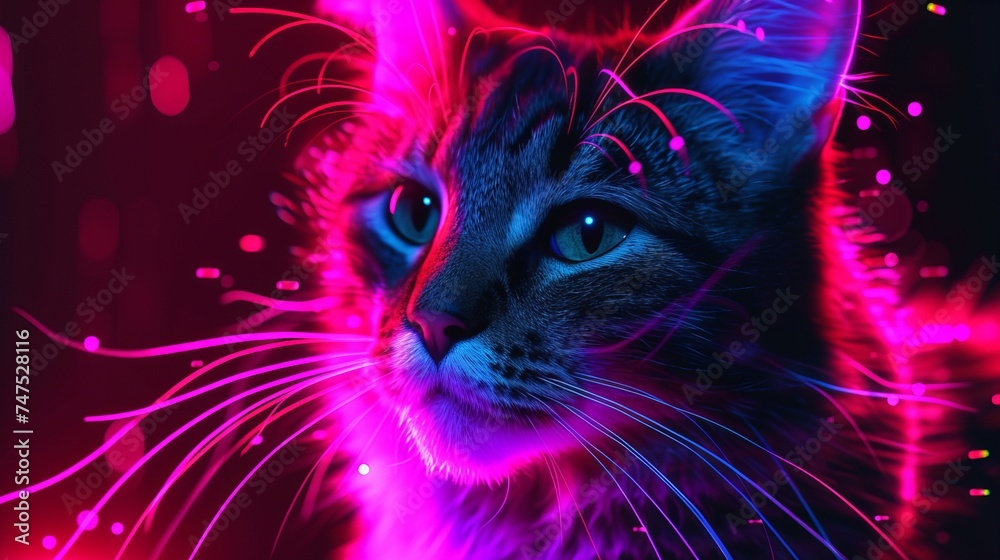 neon glowing cat in the dark.