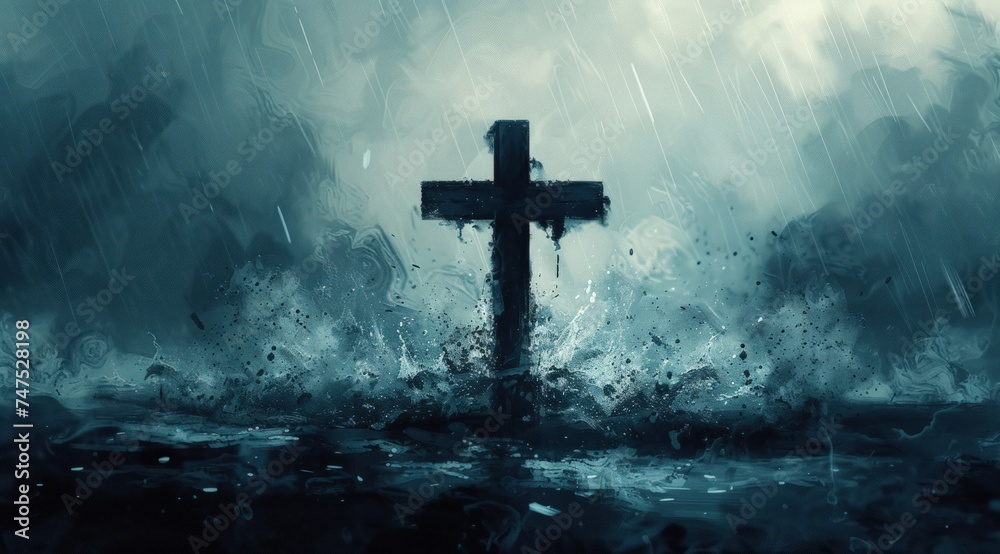 graphic of a cross with rain splashing - obrazy, fototapety, plakaty 