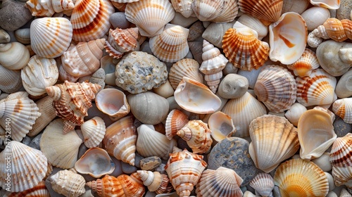 Abstract background made of shells of different shapes and sizes  top view