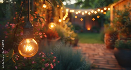 a backyard with string lights is lit up at night