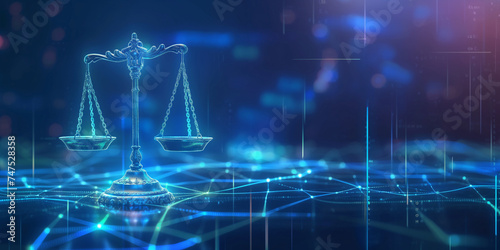 scale of justice futuristic justice with technology data background.