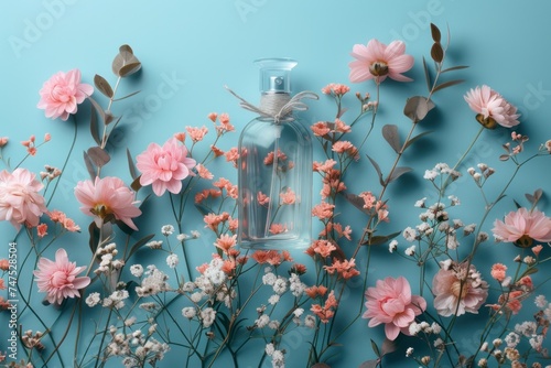 a bottle filled with perfume and flowers arranged on a blue background
