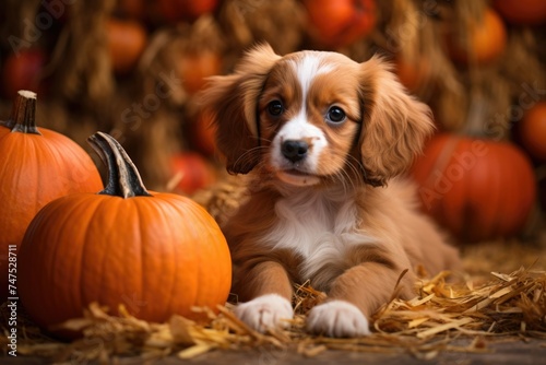The dog sits near a carving pumpkin. Halloween. © Al