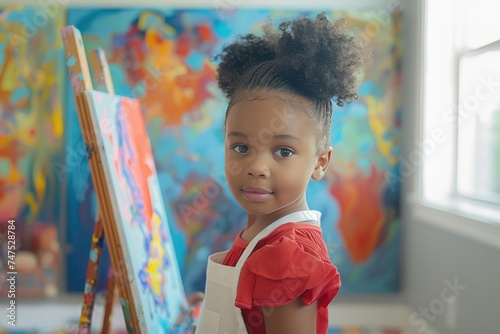 An eight-year-old girl paints on an easel in her bright, modern nursery. She ...
