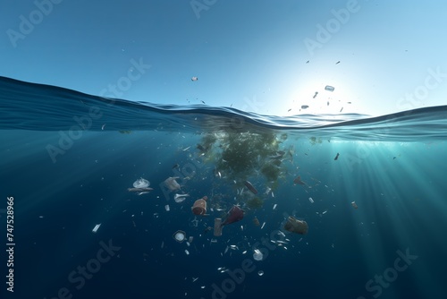 A group of plastic trash items floats under ocean water posing a threat to aquatic life. The problem of environmental pollution. Anthropogenic influence.