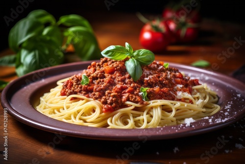 Highly detailed close-up photography of an hearty spaghetti bolognese on a metal tray against a pastel painted wood background. AI Generation